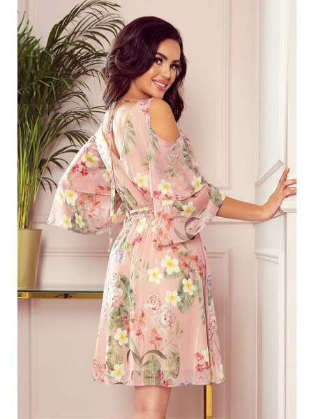 Rochie de zi scurta roz cu flori multicolore